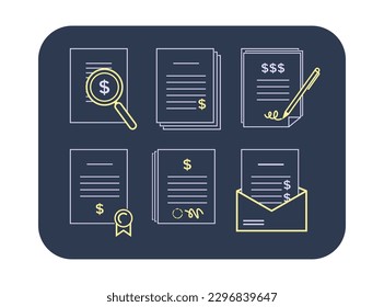 Outline of financial documents vector illustrations set. Cartoon drawings of files, contracts, invoice, agreements, bills, receipt in envelope, certificates. Finances, economy, business concept