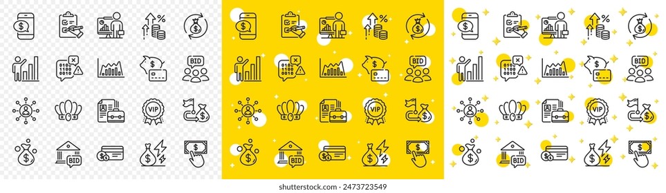 Outline Financial goal, Binary code and Graph chart line icons pack for web with Payment method, Auction, Vacancy line icon. Phone payment, Networking, Teacher pictogram icon. Vip award. Vector