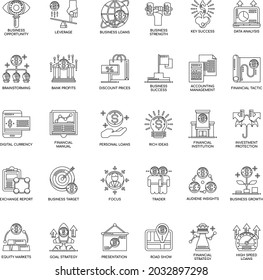 Outline Financial Strategy flat vector icon collection set