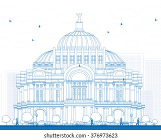 Contorno Palacio de Bellas Artes/Palacio de Bellas Artes en Ciudad de México, México. Ilustración vectorial. Concepto de viajes de negocios y turismo con edificio histórico. Imagen de Presentation Banner Placard.