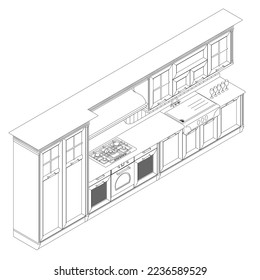 The outline of the finished assembled kitchen from black lines isolated on a white background. Isometric view. 3D. Vector illustration.