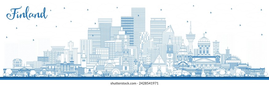 Outline Finland city skyline with blue buildings. Vector illustration. Concept with historic and modern architecture. Finland cityscape with landmarks. Helsinki. Espoo. Vantaa. Oulu. Turku.