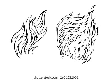 Outline Fire Bundle. Vector sketch by hand. Image for any size ideal for advertising and posters, personal project or t-shirts, mugs, books, logos, etc.