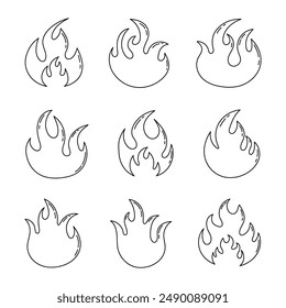 Umriss Feuer Flamme Symbol Satz isoliert auf weißem Hintergrund. Handzeichensymbole gesetzt