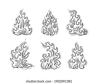 Outline Fire Flame Vector Set. Black and White Fire Flames Tattoo Icons Sketch Drawing