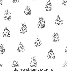 Outline Fire Flames Vector Seamless Pattern. Black and White Background