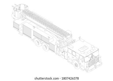 Outline of a fire truck from black lines isolated on a white background. Isometric view. Vector illustration