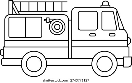Outline fire truck vector illustration featuring rescue ladder equipment, clean linear style, isolated background, ideal for emergency service themes.
