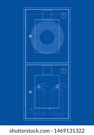 Outline firefighter tool in fire hose cabinet. Vector image rendered from 3d model in sketch style or drawing. Blue background