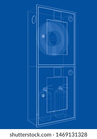 Outline firefighter tool in fire hose cabinet. Vector image rendered from 3d model in sketch style or drawing. Blue background