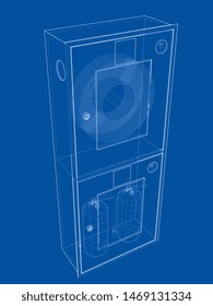 Outline firefighter tool in fire hose cabinet. Vector image rendered from 3d model in sketch style or drawing. Blue background