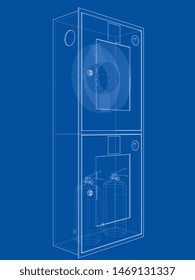 Outline firefighter tool in fire hose cabinet. Vector image rendered from 3d model in sketch style or drawing. Blue background