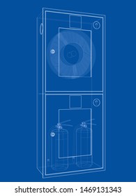 Outline firefighter tool in fire hose cabinet. Vector image rendered from 3d model in sketch style or drawing. Blue background