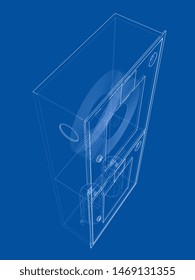 Outline firefighter tool in fire hose cabinet. Vector image rendered from 3d model in sketch style or drawing. Blue background