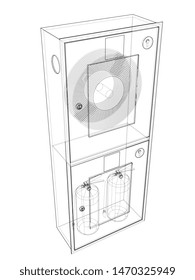 Outline firefighter tool in fire hose cabinet. Vector image rendered from 3d model in sketch style or drawing. Blue background