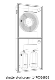 Outline firefighter tool in fire hose cabinet. Vector image rendered from 3d model in sketch style or drawing. Blue background