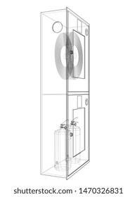 Outline firefighter tool in fire hose cabinet. Vector image rendered from 3d model in sketch style or drawing. Blue background