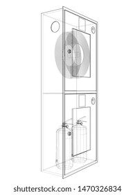 Outline firefighter tool in fire hose cabinet. Vector image rendered from 3d model in sketch style or drawing. Blue background