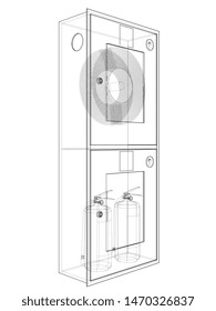 Outline firefighter tool in fire hose cabinet. Vector image rendered from 3d model in sketch style or drawing. Blue background