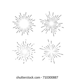 Outline firework explosion shapes isolated on white. Starburst or sunburst collection. Vintage burst light rays. Vector graphic sketch illustration. Set of labels. Design elements.