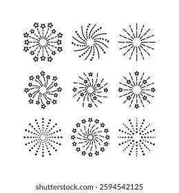 Outline firework icon. Line sparkle explosion. Birthday party elements isolated on white background. Set of burst stars and sparks. Happy new year shiny symbol. Vector illustration.