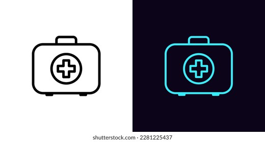 Outline first aid icon, with editable stroke. First aid kit, medical box pictogram. Emergency assistance and rescue life, medical bag with drug and medicaments, home aid kit, health care. Vector icon