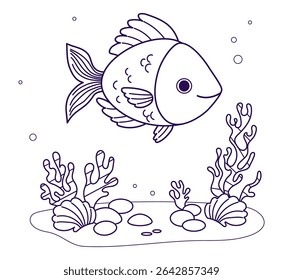 Outline Fish with algae and coral on seabed. Line drawing, coloring book. Vector illustration. Kids collection