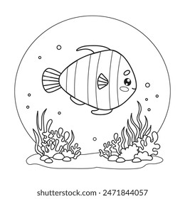 Outline fish with algae, coral and sandy bottom. Underwater world with cartoon kawaii animal. Line drawing, coloring book. Vector illustration. Kids collection