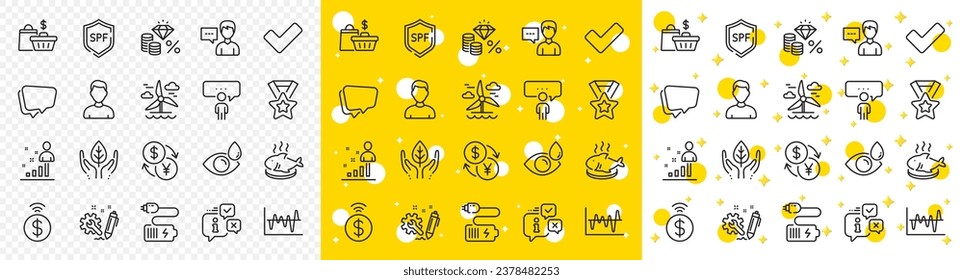 Contorno plato de pescado, pago sin contacto e iconos de línea de información para web con bolsas de venta, Captura de cabeza, icono de línea de cambio de divisas. Comercio justo, protección de SPE, icono del pictograma de análisis de existencias. Vector