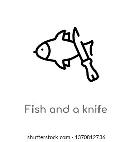 outline fish and a knife vector icon. isolated black simple line element illustration from animals concept. editable vector stroke fish and a knife icon on white background
