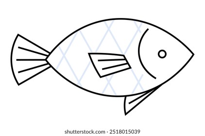 Outline fish in minimalistic, geometric style with light blue patterns and clean lines, emphasize aquatic themes. Ideal for educational material, marine-themed designs, children s books, logo design,