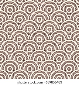 Outline fish scale wallpaper. Asian traditional ornament with repeated scallops. Seamless surface pattern with vivid semicircles. Grid motif. Digital paper. Vector illustration