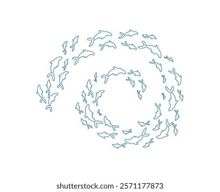 outline fish school pattern. Many aquatic creatures swim in a swirling motion. Underwater life, ocean silhouette, outline style, perfect for marine projects.