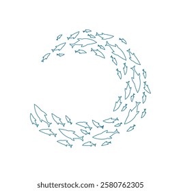 outline fish school pattern. Silhouette of many aquatic creatures swimming together. Ocean life concept, doodle style, suitable for summer projects and marine illustrations.