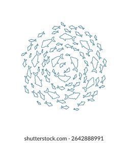 silhueta de escola de peixes de contorno. Grupo de criaturas aquáticas em um padrão de redemoinho. Vida marinha no oceano, estilo doodle, ideal para projetos de verão ou materiais educacionais.