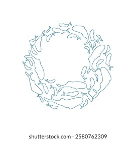 outline fish school silhouette. Many aquatic creatures swim together in a vibrant pattern. Underwater theme, cartoon graphic style, perfect for summer projects or aquatic life designs.