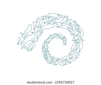 outline fish school silhouette. Many fish swim in an ocean pattern. Underwater scene, doodle style, ideal for summer projects or marine designs.
