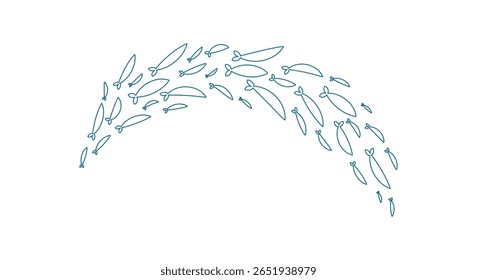outline fish swim in a lively school. Group of marine creatures forms a charming silhouette. Undersea theme, flat doodle style, perfect for ocean projects.