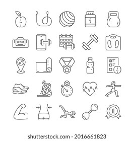 Contorno a iconos de aptitud. Contiene íconos como gimnasia, entrenamiento, correr, deportes, dieta, construcción de cuerpos, yoga, equipos deportivos. Razo editable Conjunto de ilustraciones vectoriales planas aisladas en fondo blanco