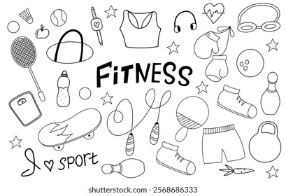 Outline fitness and sports doodle icons isolated on the white background. Fitness hand drawn lettering. Skateboard, racket, jump rope, skittles, shuttlecock and other sports equipment. Line art.