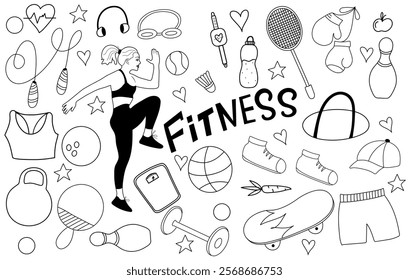 Outline fitness and sports doodle icons isolated on the white background. Fitness hand drawn lettering. Skateboard, racket, jump rope, skittles, shuttlecock and other sports equipment. Line art.