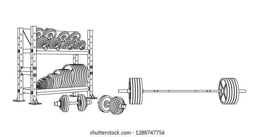 Outline fitness vector perspective view on white background of an olympic barbell, loadable dumbbels and a storage shelf full of weight barbell plates.