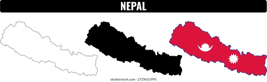 Contorno e representação da bandeira do Nepal com diferentes variações de cor