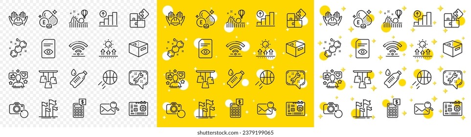 Umrissfahnen, Zusammenstellung von Bauern und Icons für die Office-Box mit Puzzle, Hauptplatine, Deckenlampe-Icon. Suche Mail, Graph-Diagramm, Vitamin e Piktogramm Symbol. Sonnenschutz. Vektorgrafik