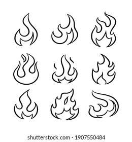 Outline Flame Icons Set. Cartoon Fire Collection. Vector Illustration.