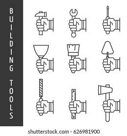 Outline flat building tools icons set. Architecture Instruments in worker hand symbols. Collection of home Construction, repair and reconstruction signs. Hummer, wrench, axe, ruler, brush, putty knife