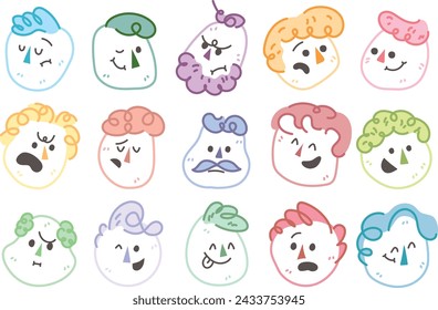 Outline flat face with variety cute and funny facial expression set. Cartoon doodle style round character emotion. Comic colorful happy, calm, worry, angry, anxiety, smile face with line draw hair