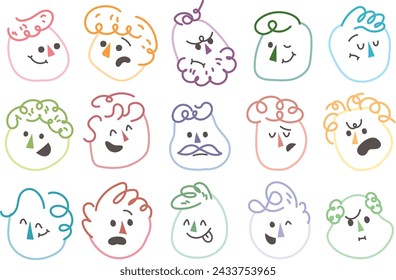 Outline flat face with variety cute and funny facial expression set. Cartoon doodle style round character emotion. Comic colorful happy, calm, worry, angry, anxiety, smile face with line draw hair