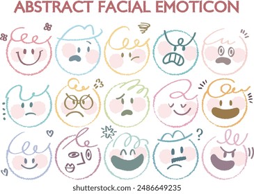 Outline flat face with variety cute and funny facial expression set. Cartoon doodle style round character emotion. Comic colorful happy, calm, worry, angry, anxiety, smile face with line draw hair