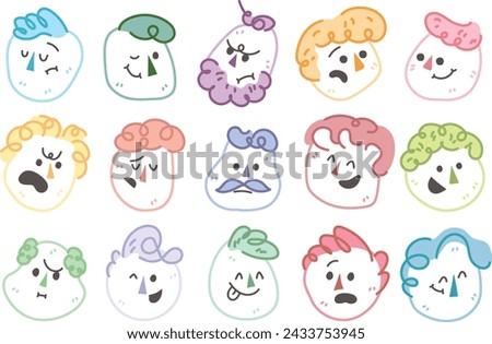 Outline flat face with variety cute and funny facial expression set. Cartoon doodle style round character emotion. Comic colorful happy, calm, worry, angry, anxiety, smile face with line draw hair